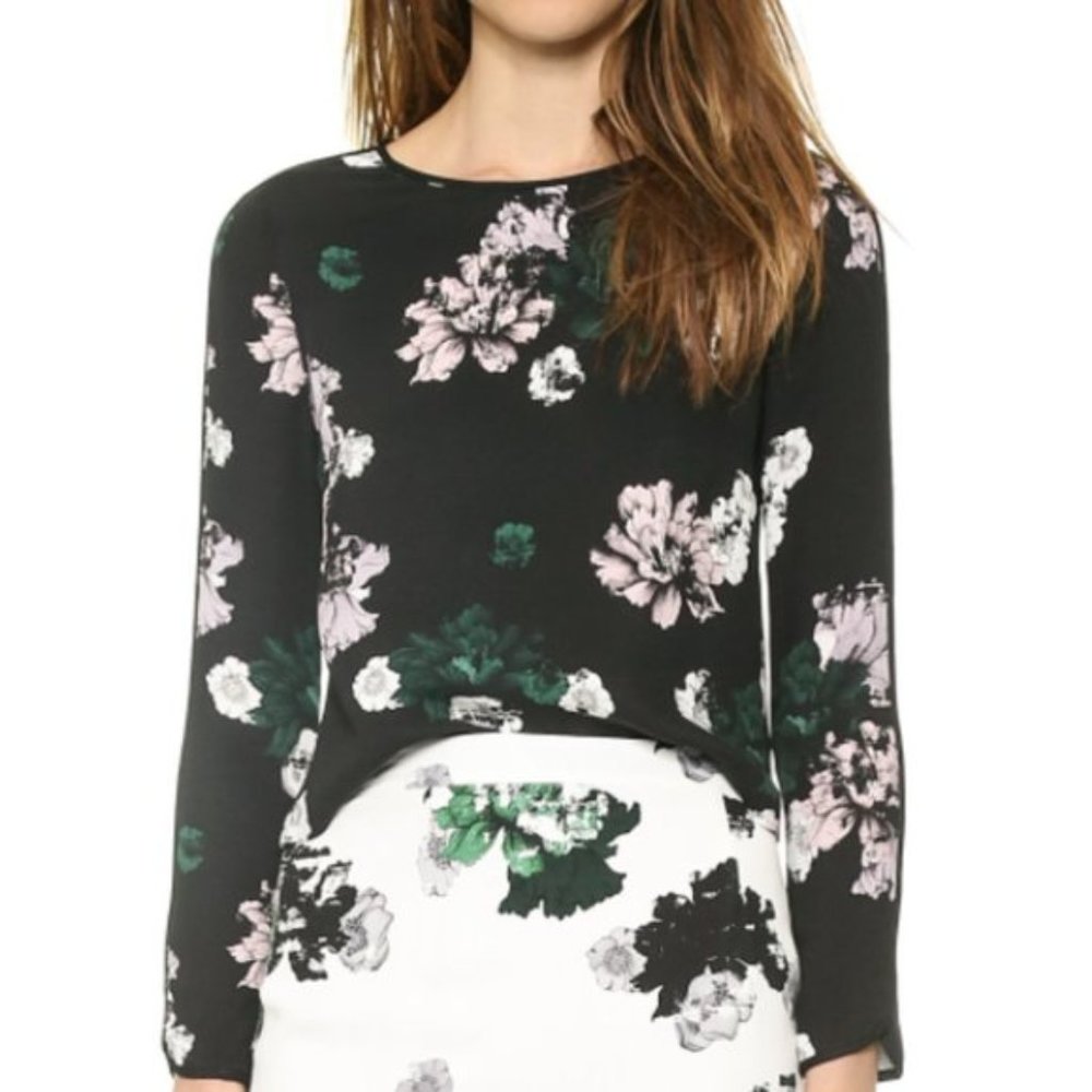 A.L.C. Black Floral Silk Schooly Crop Top, Size 4